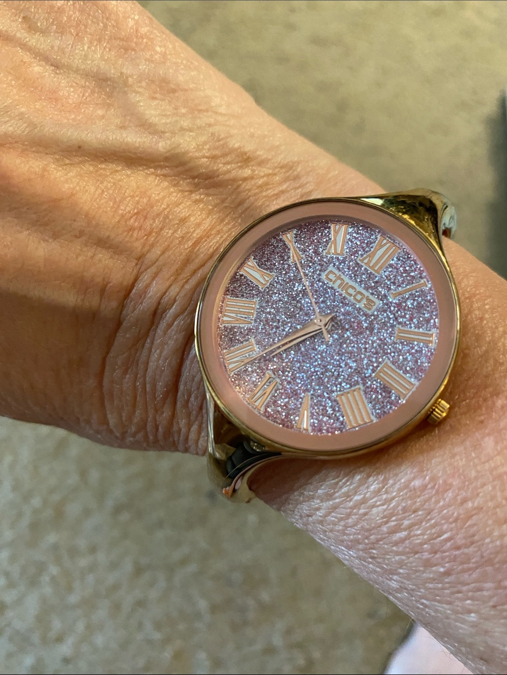 Chico's Gold-Tone Watch with Pink Glitter Dial